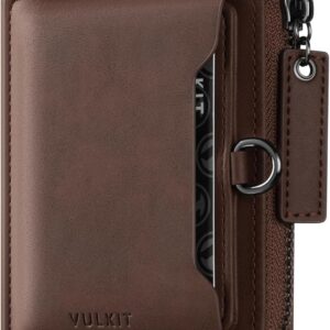 VULKIT Men's RFID Blocking Leather Wallet - Bifold Zip Around Card Holder with Coin Pocket - Espresso