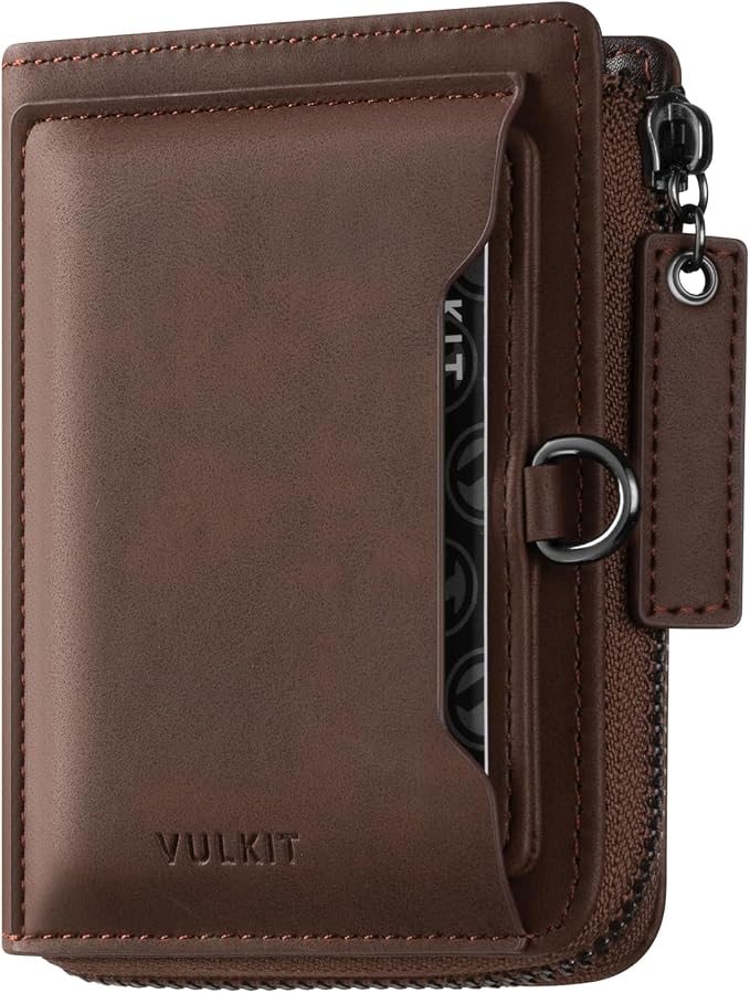 VULKIT Men's RFID Blocking Leather Wallet - Bifold Zip Around Card Holder with Coin Pocket - Espresso