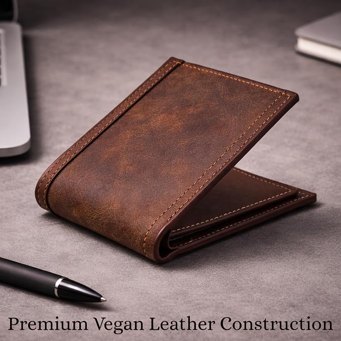 The Wallet Store Vegan Leather Bifold Wallet for Men with Zipper Coin Pocket Slim RFID-Safe Design Multiple Card Slots, ID Window & Cash Compartment Stylish Daily Use Men’s Wallet (Brown) - Image 2