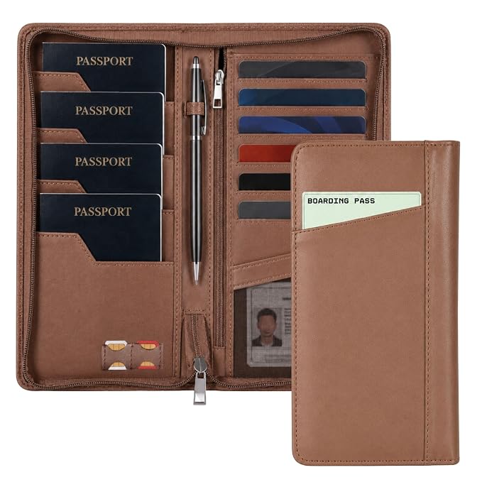 HAMELIN Family Passport Holder for Men & Women | RFID/NFC Blocking Vegan Leather Zipped Travel Passport Cover for Couple & Kids with 4 Passport, 8 Credit Card Slots, Cash & Boarding Pass - Caramel - Image 6
