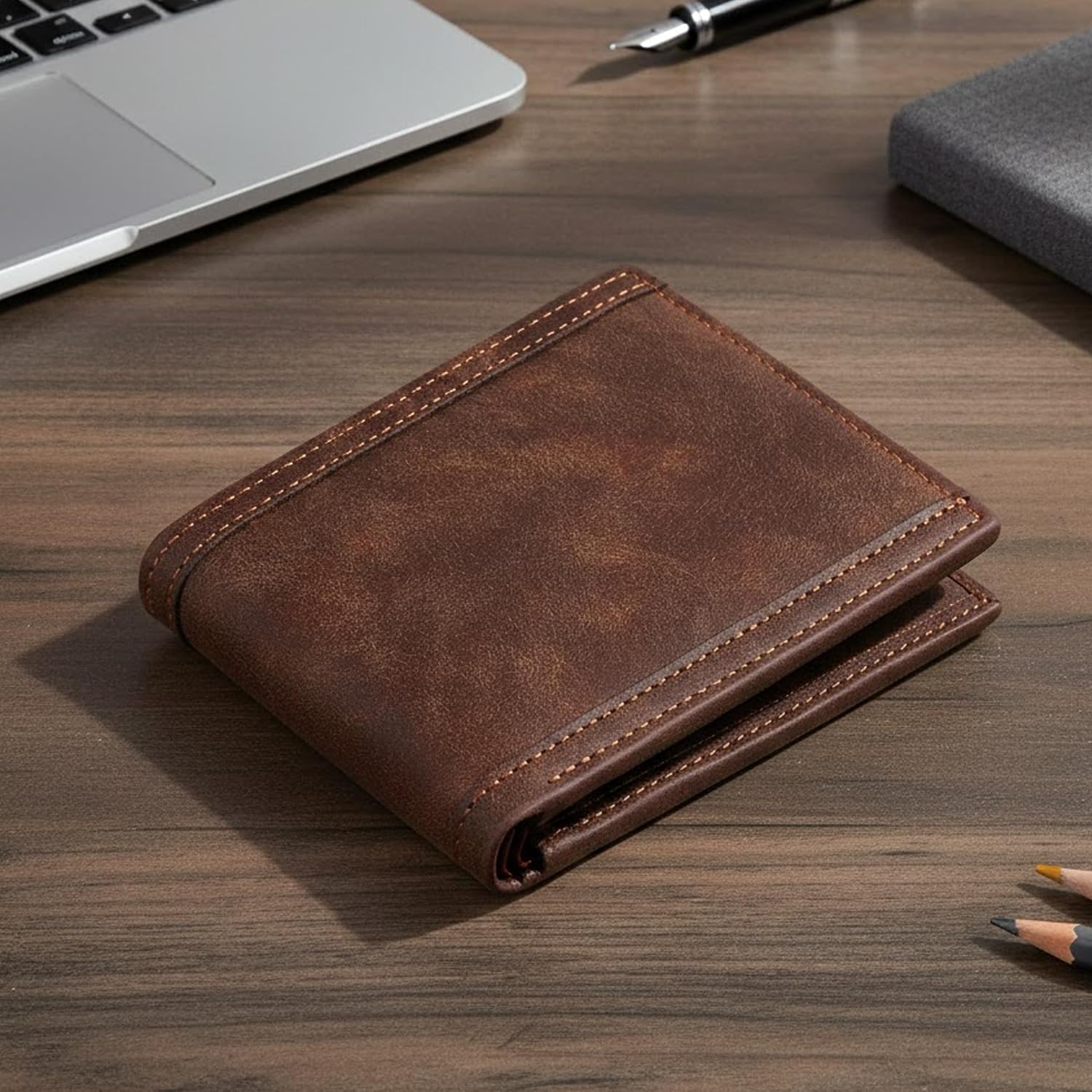 The Wallet Store Vegan Leather Bifold Wallet for Men with Zipper Coin Pocket Slim RFID-Safe Design Multiple Card Slots, ID Window & Cash Compartment Stylish Daily Use Men’s Wallet (Brown)