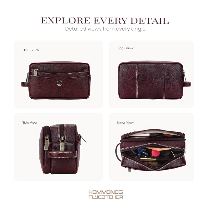 Hammonds Flycatcher Genuine Leather Toiletry Bag for Men and Women Cosmetic Organizer Bag, Travel Organizer Pouch, Toiletry Pouch for Men with Multiple Pockets, Shaving Kit Bag for Men - Brown - Image 7