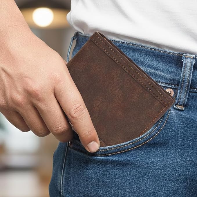 The Wallet Store Vegan Leather Bifold Wallet for Men with Zipper Coin Pocket Slim RFID-Safe Design Multiple Card Slots, ID Window & Cash Compartment Stylish Daily Use Men’s Wallet (Brown) - Image 5