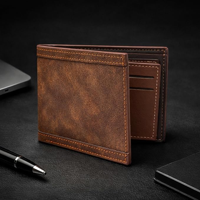 The Wallet Store Vegan Leather Bifold Wallet for Men with Zipper Coin Pocket Slim RFID-Safe Design Multiple Card Slots, ID Window & Cash Compartment Stylish Daily Use Men’s Wallet (Brown) - Image 4