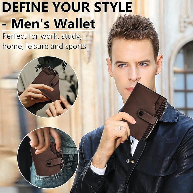 VULKIT Men's RFID Blocking Leather Wallet - Bifold Zip Around Card Holder with Coin Pocket - Espresso - Image 7